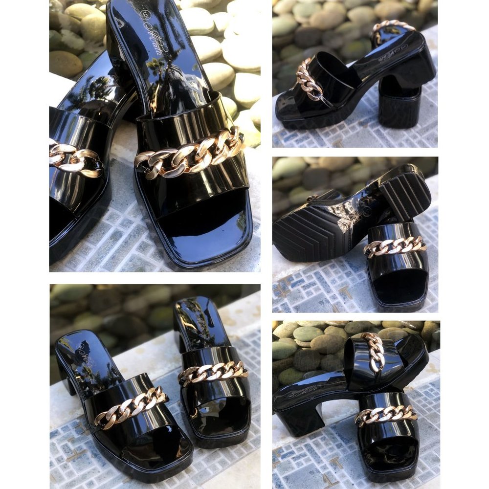 NEW Black Gold Chain Jelly Rubber Block Heel Platform Slip On Slides Sandals - Picture 10 of 10